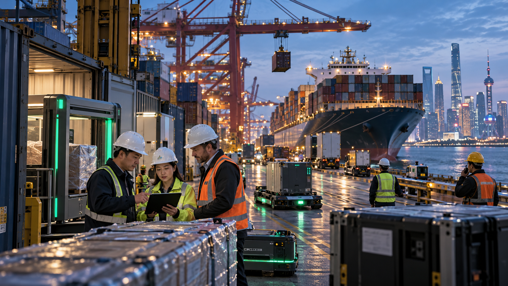 Profissionais coordenando importação e exportação num porto da China